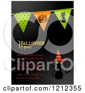 Clipart Of A Black Cat With A Witch Hat And Bat With Halloween Party Sample Text And Banners On Halftone Royalty Free Vector Illustration