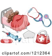 Cartoon Of A Teddy Bear And First Aid Medical Items Royalty Free Vector Clipart by BNP Design Studio