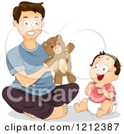 Poster, Art Print Of Father And His Happy Son Playing With A Teddy Bear