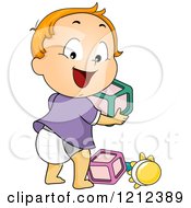 Poster, Art Print Of Happy Toddler Boy Looking Back And Playing With Blocks And A Rattle