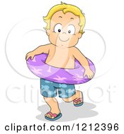 Poster, Art Print Of Blond Toddler Boy In Swim Trunks And An Inner Tube