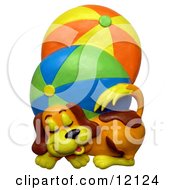 Clay Sculpture Of A Cute Puppy Dog Sleeping Next To Two Large Brightly Colored Beach Balls