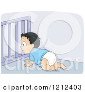 Crawling Boy At A Baby Gate At The Top Of Stairs