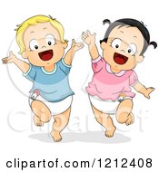 Cartoon Of A Happy Toddler Boy And Girl Jumping Royalty Free Vector Clipart