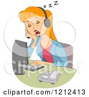 Cartoon Of A Sleeping Female Customer Service Call Center Representative Royalty Free Vector Clipart by BNP Design Studio