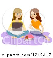Poster, Art Print Of Two Teenage Girls Studying With Books And A Laptop On A Bed