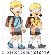 Poster, Art Print Of Happy Asian Children With Hiking Backpacks