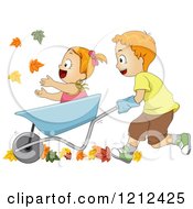 Poster, Art Print Of Brother Pushing His Sister In A Wheelbarrow Through Fall Leaves
