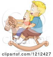 Happy Blond Brothers Playing On A Rocking Horse Together