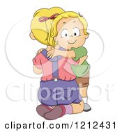 Cartoon Of A Big Sister Kneeling And Hugging Her Little Brother Royalty Free Vector Clipart