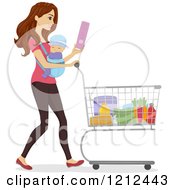 Happy Woman Grocery Shopping With Her Baby On Her Chest