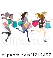 Poster, Art Print Of Three Happy Diverse Women Running With Shopping Bags