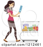 Poster, Art Print Of Happy Woman Reading A Shopping List And Pushing A Grocery Store Cart