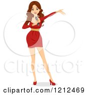Poster, Art Print Of Beautiful Brunette Host Holding A Microphone And Holding Her Arm Out
