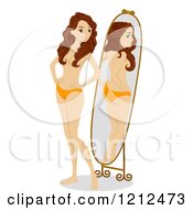Cartoon Of A Happy Brunette Woman Looking At Her Body In A Mirror Royalty Free Vector Clipart