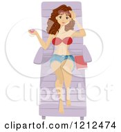 Cartoon Of A Woman Holding A Cocktail And Sun Bathing In A Chair Royalty Free Vector Clipart