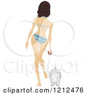 Cartoon Of A Rear View Of A Woman In A Bikini Walking A Dog Royalty Free Vector Clipart