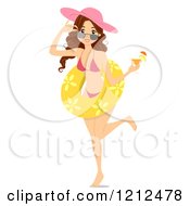 Cartoon Of A Brunette Woman In A Bikini Holding A Cocktail And Wearing An Inner Tube At A Beach Party Royalty Free Vector Clipart by BNP Design Studio