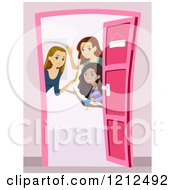 Poster, Art Print Of Group Of Young Women Opening A Door And Welcoming At A Party