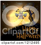Poster, Art Print Of Vampire Bat Hanging From A Spooky Tree Against An Orange Full Moon Over Happy Halloween Text