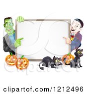 Poster, Art Print Of Happy Vampire Frankenstein Pumpkins And Black Cats Around A Blank Sign