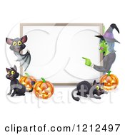 Cartoon Of A Happy Bat Witch Pumpkins And Black Cats Around A Blank Sign Royalty Free Vector Clipart by AtStockIllustration