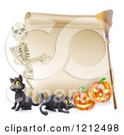 Poster, Art Print Of Skeleton Pointing To A Halloween Scroll Sign With Black Cats A Broomstick And Pumpkins