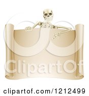 Poster, Art Print Of Happy Human Skeleton Pointing Down To A Blank Scroll Sign