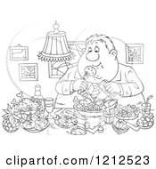 Outlined Gluttonous Obese Man Eating A Feast