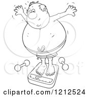 Cartoon Of An Outlined Overweight Man Standing On A Scale With Dumbbells On The Floor Royalty Free Vector Clipart