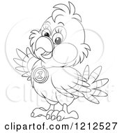 Cartoon Of An Outlined Cute Bird Waving And Wearing A First Place Medal Royalty Free Vector Clipart