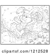 Cartoon Of An Outlined Rabbit Sledding Downhill Royalty Free Vector Clipart