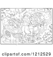 Cartoon Of An Outlined Santa Holding A Present By A Sleigh And Reindeer In The Snow Royalty Free Vector Clipart