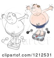 Cartoon Of An Outlined And Colored Overweight Man Standing On A Scale With Dumbbells On The Floor Royalty Free Vector Clipart
