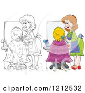 Poster, Art Print Of Outlined And Colored Female Hairstylist Cutting A Clients Hair