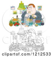 Outlined And Colored Gluttonous Obese Man Eating A Feast