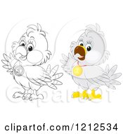 Cartoon Of An Outlined And Colored Cute Bird Waving And Wearing A First Place Medal Royalty Free Vector Clipart