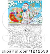 Poster, Art Print Of Outlined And Colored Santa Holding A Present By A Sleigh And Reindeer In The Snow