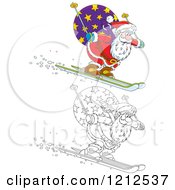 Poster, Art Print Of Outlined And Colored Santa Skiing Downhill With A Sack On His Back