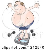 Cartoon Of An Overweight Caucasian Man Standing On A Scale With Dumbbells On The Floor Royalty Free Vector Clipart by Alex Bannykh