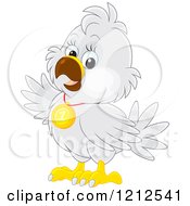 Cartoon Of A Cute Gray Bird Waving And Wearing A First Place Medal Royalty Free Vector Clipart