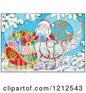 Poster, Art Print Of Santa Holding A Present By A Sleigh And Reindeer In The Snow