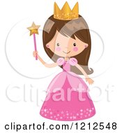 Cartoon Of A Cute Brunette Princess Girl In A Pink Dress Holding A Wand Royalty Free Vector Clipart by peachidesigns #COLLC1212548-0137