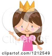 Cartoon Of A Cute Waving Brunette Princess Girl From The Belly Up Royalty Free Vector Clipart