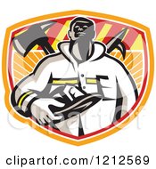 Clipart Of A Retro Fireman Holding His Helmet Over A Fire Axe And Hook In A Shield Royalty Free Vector Illustration