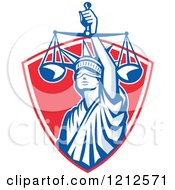 Clipart Of A Retro Statue Of Liberty Holding Justice Scales In A Red Shield Royalty Free Vector Illustration