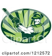 Retro Tree Horticulturist With A Hedge Trimmer Over An Oval Of Green Rays