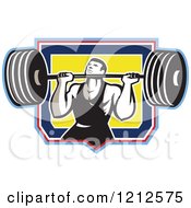 Poster, Art Print Of Retro Strong Bodybuilder Lifting A Barbell Over A Shield