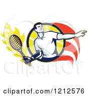 Poster, Art Print Of Retro Male Tennis Player In A Flaming Circle