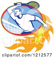 Poster, Art Print Of Retro Male Tennis Player In A Flaming Oval With A Net